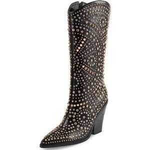 ⚡Women's Black Pointed Toe and Chunky Heel Boots Luxurious Studded Tall Boots